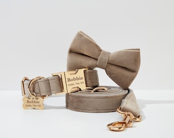 Grey Personalized Dog Collar Bow tie and Lead, Custom Dog Collar For Boy Dog, Free Name Engraved Gold Metal Buckle, Dog Collars on Sale UK