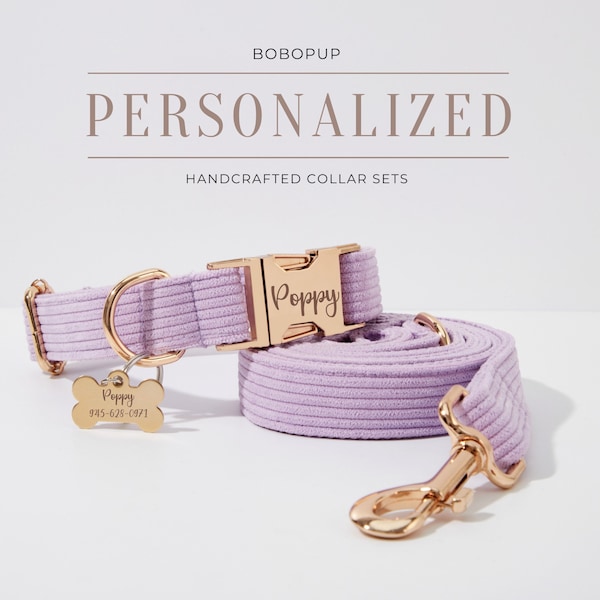 Lavender Corduroy Dog Collar Leash. No Pull Dog Harness Leash. Personalized Puppy Collar Leash Set For Wedding Gift, Birthday Gift