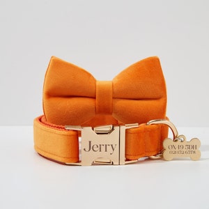 Personalized Orange Velvet Dog Collar Bowtie Set,Custom Puppy Collar Bowtie For Birthday Gift, Free Engraved Name Plate,Collar Leash Set