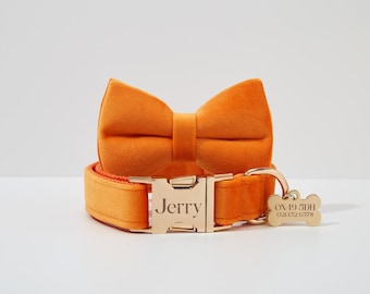 Personalized Orange Velvet Dog Collar Bowtie Set,Custom Puppy Collar Bowtie For Birthday Gift, Free Engraved Name Plate,Collar Leash Set