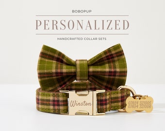 Personalized Dog Collar and Leash Set, Engraved Buckle, Handmade Dog Bowtie