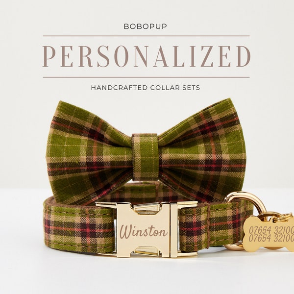 Personalized Dog Collar and Dog Leash and Bow Tie, Free Personalized Name Engraved Boy Dog Collar, Dog gifts, Dog Collar With Name