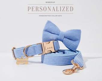 Light Blue Corduroy Dog Collar Leash Set, Personalized Corduroy Puppy Collar Bowtie,No Pull Puppy Harness For Boy Girl Dog,Wedding Gift