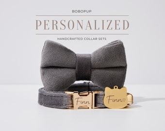 Personalized Cat Collar Bowtie Set in Gray Velvet For Birthday Gift,Engraved Kitten Name Tag For Free,Handmade Puppy Collar for Wedding Gift