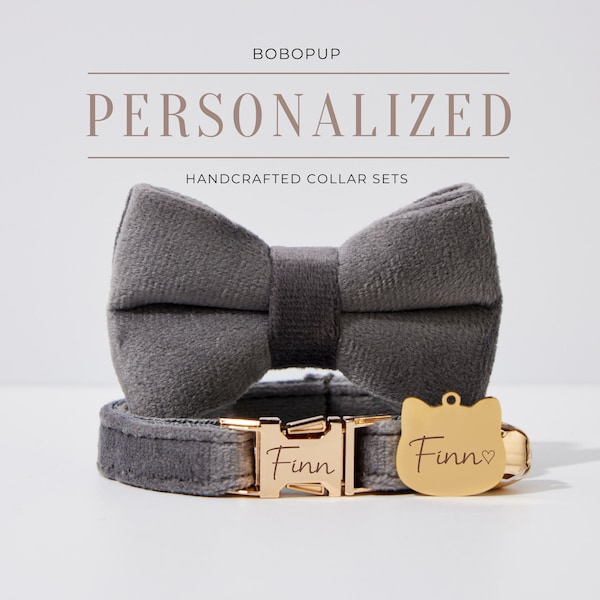 Conjunto de pajarita de collar de gato personalizado en terciopelo gris para regalo de cumpleaños, etiqueta de nombre de gatito grabada gratis, collar de cachorro hecho a mano para regalo de boda