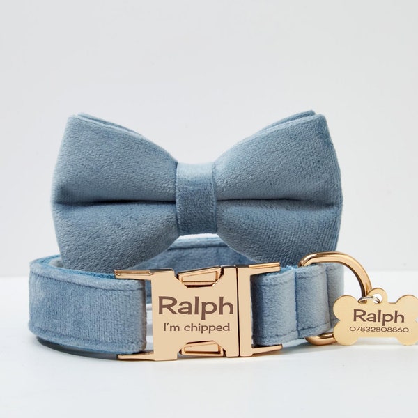 Dusty Blue Personalized Dog Collar Leash Set with Bow for Boy Girl Dog, Name Engraved ID Metal Buckle,Wedding Puppy Gift, Worldwide Shipping