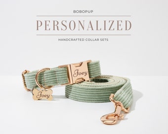 Könnte beinhalten: Ein grünes Cord-Halsband und eine Leine für Hunde mit goldenen Beschlägen. Halsband und Leine sind mit dem Namen "Joey" personalisiert.