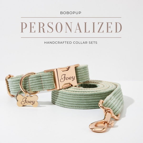 Sage Green Corduroy Dog Collar Leash Set, Fancy Personalized Dog Harness Collar For Birthday Gift,Dog Collar Harness and Leash Set