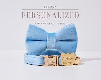 Handgemaakte kattenhalsband Bowtie Leash Bowtie, gepersonaliseerde kattenhalsbandset, luxe fluwelen puppyhalsband Bow Leash voor verjaardagscadeau