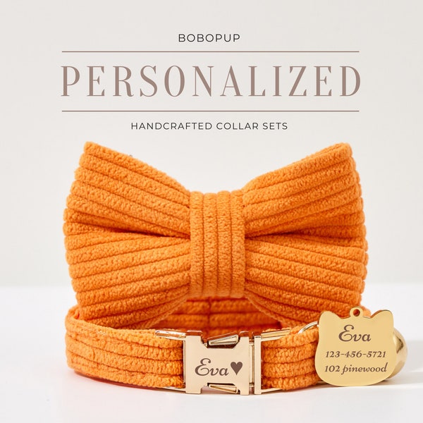 Luxury Orange Corduroy Cat Collar Bowtie Set For Christmas Gift, Personalized Kitty Collar Bell Bowtie Set,Customized Puppy Collar Leash Set