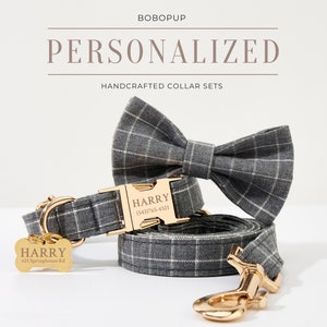 May include: A gray and white plaid dog collar and leash set with a gold bow tie and personalized gold name tag. The name tag reads "HARRY (543)765-4321".