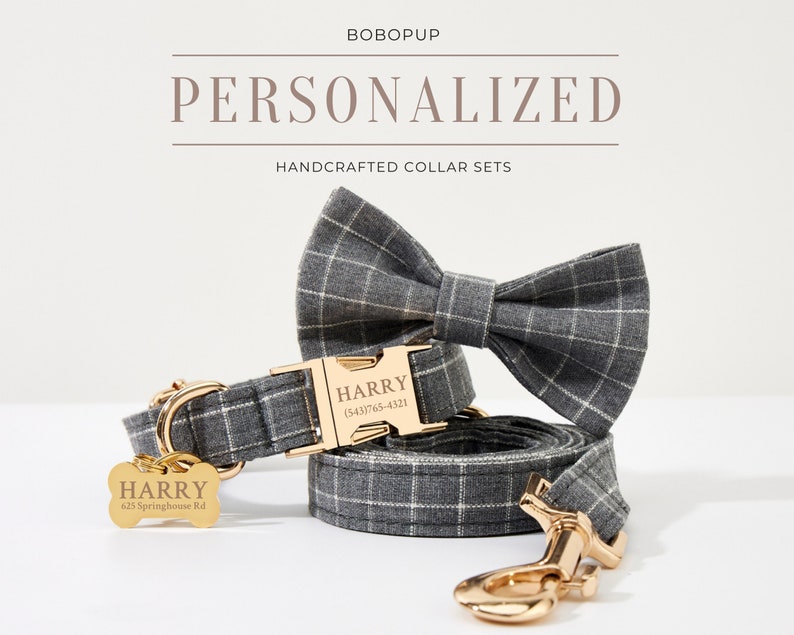 May include: A gray and white plaid dog collar and leash set with a gold bow tie and personalized gold name tag. The name tag reads "HARRY (543)765-4321".