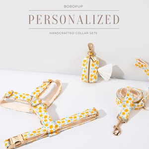 Puede incluir: Un juego de collar para perros personalizado con arnés, correa y dispensador de bolsas de residuos. El conjunto tiene un fondo blanco con un patrón de limones amarillos y detalles en azul. El texto "JUEGOS DE COLLARES PERSONALIZADOS HECHOS A MANO" se muestra en la parte superior.