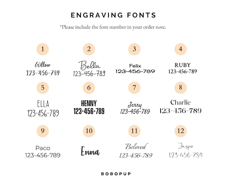 May include: A chart of 12 different fonts with the font name and a sample of the font. The font names are Willow, Bella, Felix, Ruby, Ella, Henny, Jerry, Charlie, Paco, Emma, Beloved, and Jasper. Each font has a number next to it, from 1 to 12.