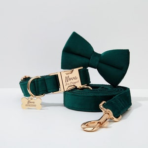Personalized Emerald Dog Collar Leash Set Gift For Her, Custom Puppy Collar Bow Set Gift For Him, Handmade Puppy Collar For Christmas Gift