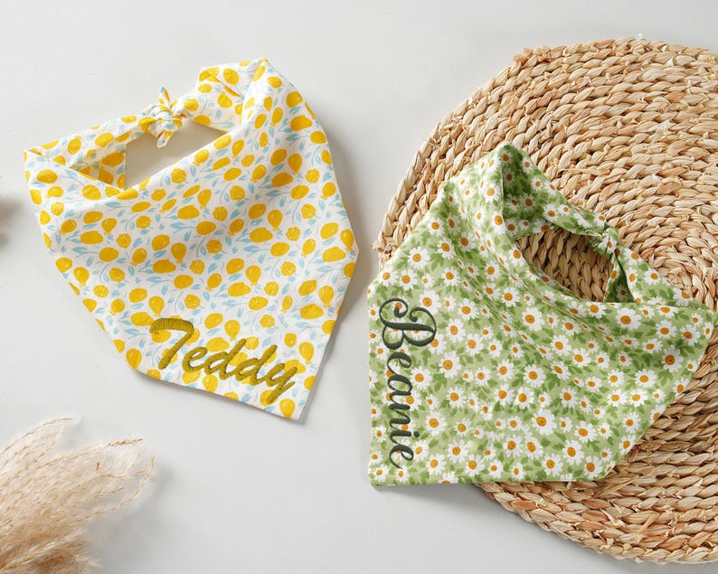 May include: Two pet bandanas. One is white with yellow lemon and blue leaf pattern, the name "Teddy" is embroidered in gold. The other is green with white daisy pattern, the name "Beanie" is embroidered in black.