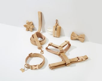 Beige Samt Hundegeschirr, Schritt in Harness personalisierte Gold Hardware Harness für Mädchen Welpen, Hundehalsband Geschirr und Leine Set, kostenloser Versand