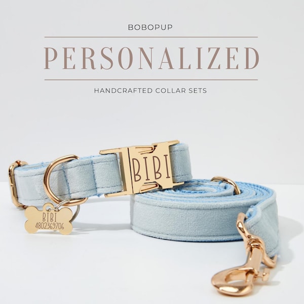 Baby Blue Velvet Personalized Dog Collar Bow, Boy Dog Puppy Denim Martingale Collar, Customized Name Engraved Metal Buckle, Dog Accessories