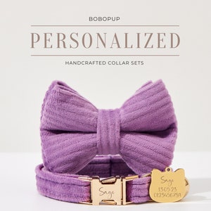 Personalized Purple Corduroy Cat Collar Leash Set,Cutest Kitten Collar Bell Bowtie For Wedding Gift,Handmade Puppy Collar Bowtie Set