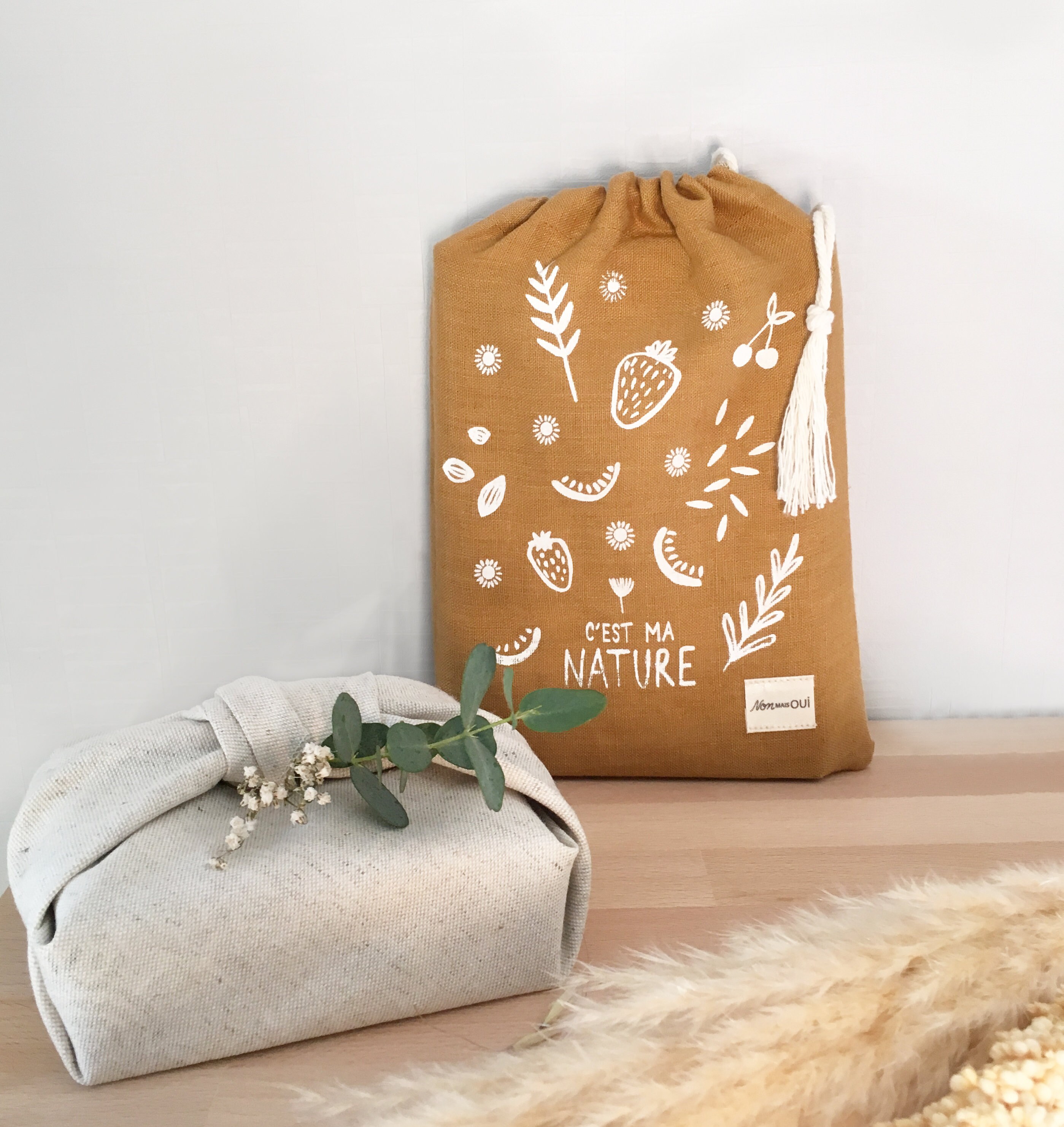 Sac à Vrac en Lin Oeko-Tex Français Zéro Déchets Sérigraphié Emballage Cadeau Réutilisable Fait Main