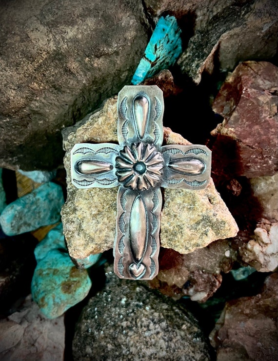 Navajo, Sterling Silver, Stamped Cross Pendant Gem