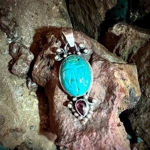 Carved Turquoise & Garnet Sterling Silver Pendant