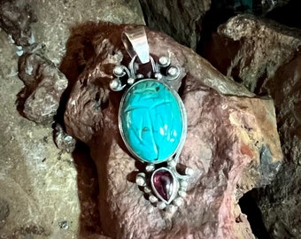Carved Turquoise & Garnet Sterling Silver Pendant