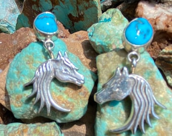 Navajo Sterling Silver and Natural Kingman Turquoise Horse Themed Dangle Earrings.