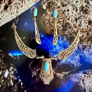 Sterling Silver Sleeping Beauty Turquoise Geometric Crescent Necklace with Guardian Pendant and Matching Earrings by Chris Charley