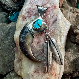 Sterling Pendant with Kingman Turquoise, Sterling Silver Feathers and Claw Accent