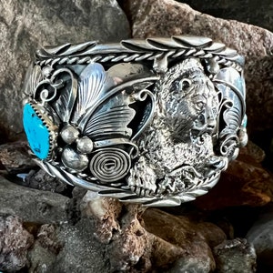 Navajo: Sterling Silver Cuff with Natural Kingman Turquoise Accents.