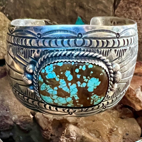 Sterling Silver with Natural #8 Turquoise Stamped Cuff.