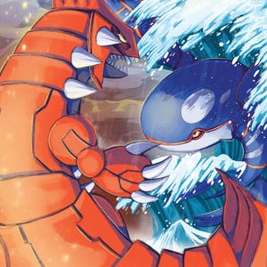 May include: A red and orange Pokemon with sharp claws and teeth faces off against a blue and black Pokemon with a wave of water behind it.
