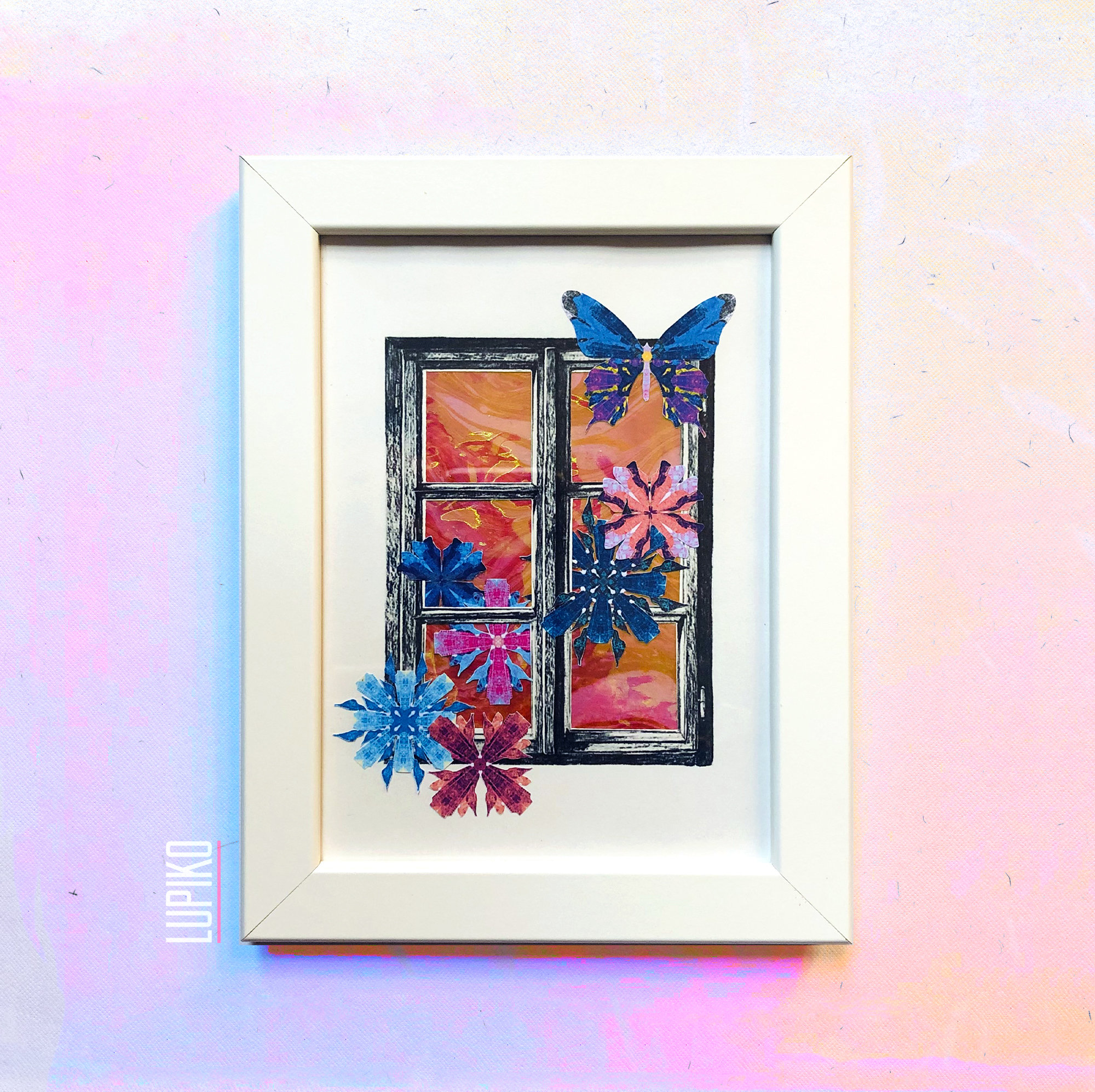 Illustration Papillons Fleurs Holographiques avec Cadre, Fabriqué en France et Fait à La Main, Bleu 