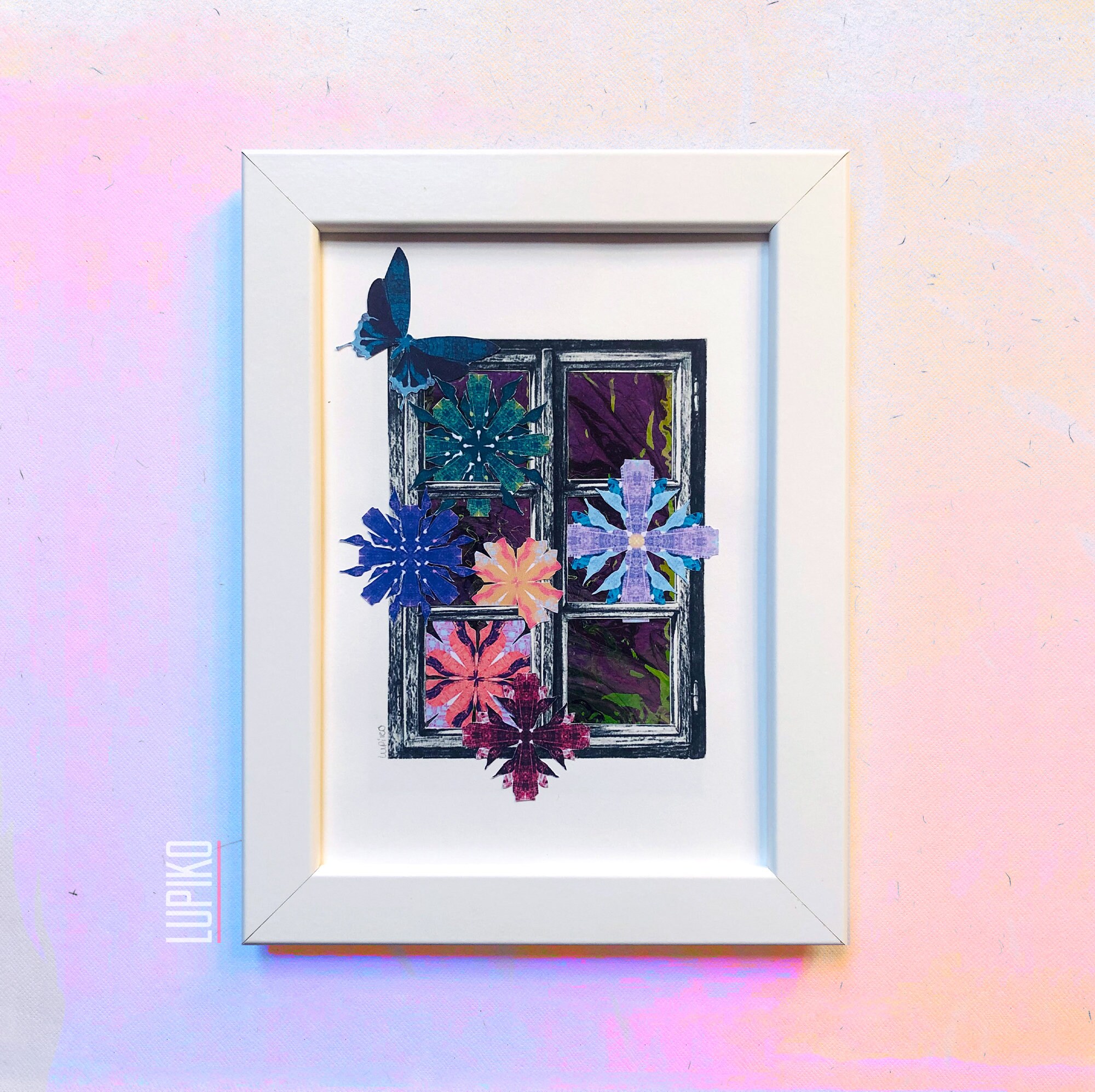 Illustration Papillons Fleurs Holographiques avec Cadre, Fabriqué en France et Fait à La Main, Vert 