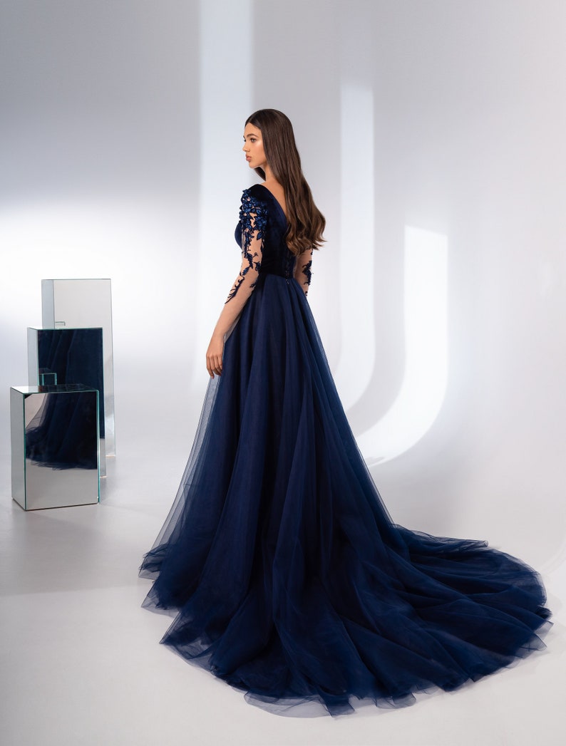 A-line Evening Dress Long Sleeves Prom Dress Navy Blue - Etsy