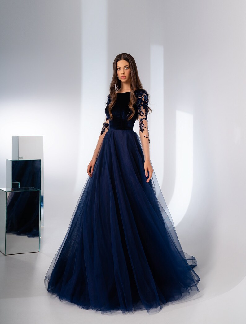 A-line Evening Dress Long Sleeves Prom Dress Navy Blue - Etsy