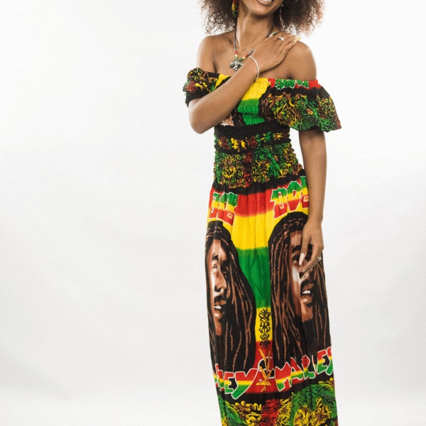 Bob Marley Elastic Waist Full Length Multi Color Rasta Dress One Size