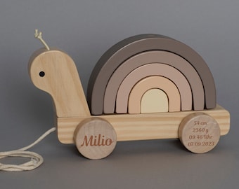 Personalized wooden train snail with birth dates I Stackable rainbow I Stacking toy for children I Gift idea for toddlers