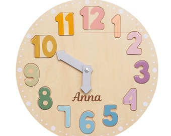 Personalisierte Puzzle-Uhr aus Holz mit Name I Geschenkidee für Kinder ab 3 I Pädagogisches Spielzeug I Uhr lesen lernen I Holzspielzeug