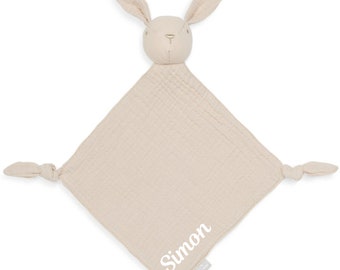 Personalisierbares Schmusetuch für Babys mit Name I Schnuffeltuch personalisiert I Schmusetuch Hase Beige I Geschenk für die Geburt