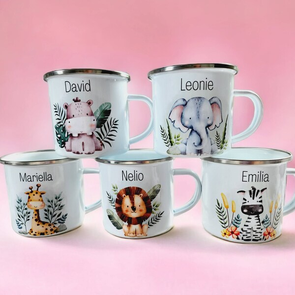 Personalisierte Tasse für Kinder mit Tiermotive, Emaille Tasse, Geschenk zur Einschulung, Bedruckte Tasse für Kind zum Verschenken