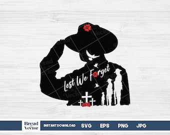 May include: Black silhouette of a soldier saluting with a poppy on their hat. The text "Lest We Forget" is written below the soldier. There are three crosses with poppies at the base of the silhouette.