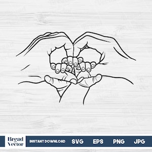 家族の手ハート SVG、家族の手ハート ライン アート SVG、ママ パパ 3 人の子供の手 ライン アート SVG、父親 母親 子供の手 SVG、デジタル ダウンロード