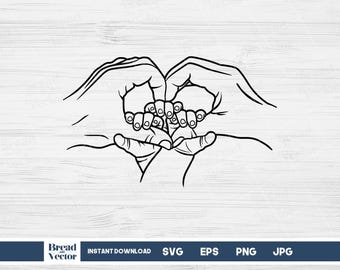 Family Hands Heart Line Art SVG: Mom, Dad & 3 Kids (Digital Download)