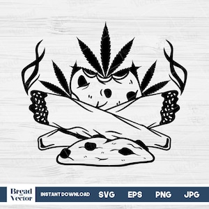 May include: Black and white illustration of a marijuana leaf with two crossed joints, a cookie, and a smoke plume. The design is perfect for a sticker, t-shirt, or other creative project.