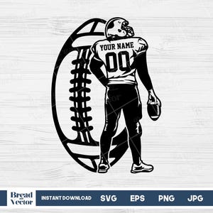 May include: Black and white silhouette of a football player standing next to a football. The player is wearing a jersey with the text "YOUR NAME" and the number "00".