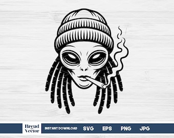 Alien SVG: Dreadlocks Hair, Smoking, Sci-Fi Clipart Cut File, T-Shirt Design, Sticker (Digital Download)