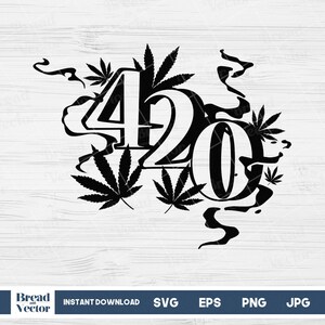 May include: Black and white vector graphic design of the number 420 with stylized marijuana leaves and smoke trails.