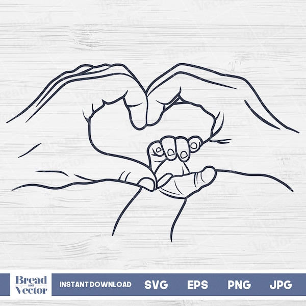 Family Hands Heart Svg | Family Hands Heart Line Art Svg | Mom Dad Kid Hands Line Art Svg | Father Mother Child Hands Svg